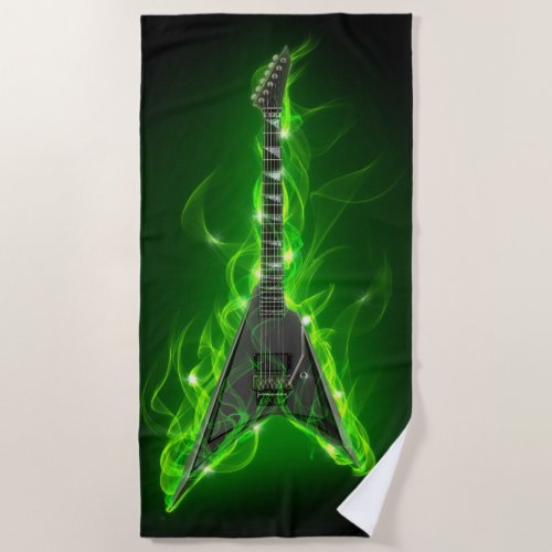 Guitar in Green Flames Beach Towel