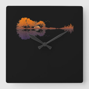 Guitar Lake Shadow Love Guitar Gift Music Lovers Square Wall Clock