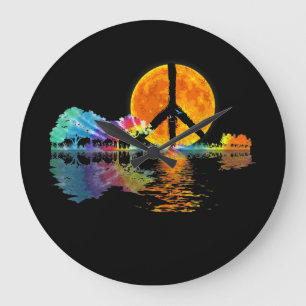 Guitar Lake Shadow Peace Love Guitar Hippie Large Clock