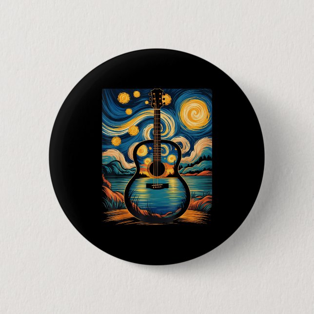 Guitar Lake Starry Night Music Guitarist Van Gogh  Button (Front)