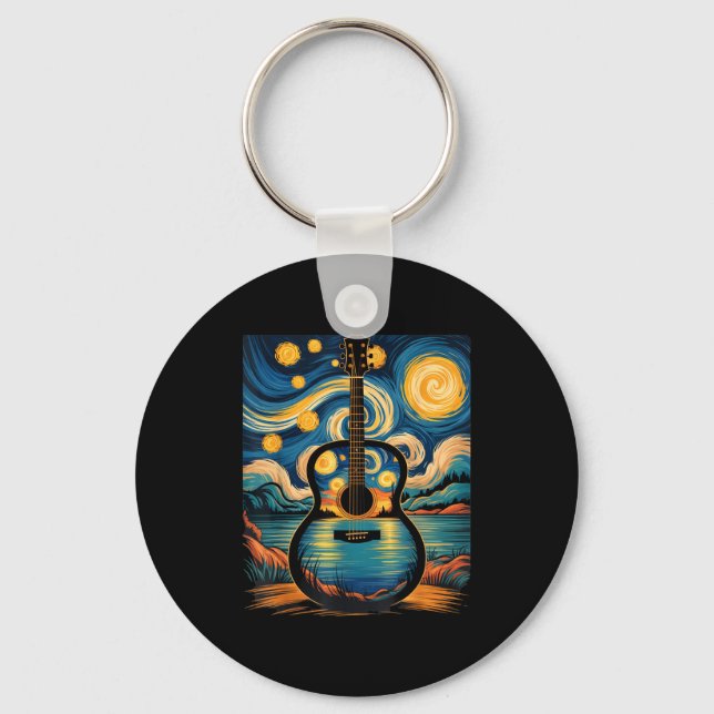 Guitar Lake Starry Night Music Guitarist Van Gogh  Keychain (Front)