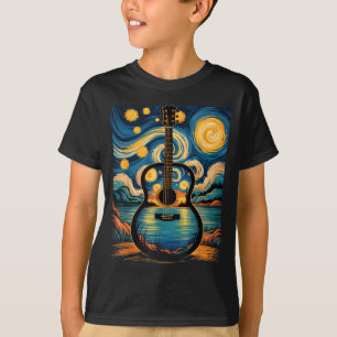 Guitar Lake Starry Night Music Guitarist Van Gogh  T-Shirt