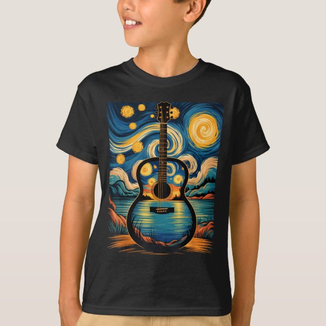 Guitar Lake Starry Night Music Guitarist Van Gogh  T-Shirt (Front)