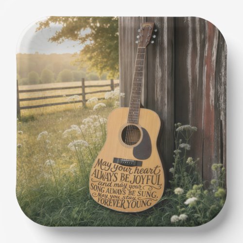 Guitar Leaning on a Barn with Quote Paper Plates