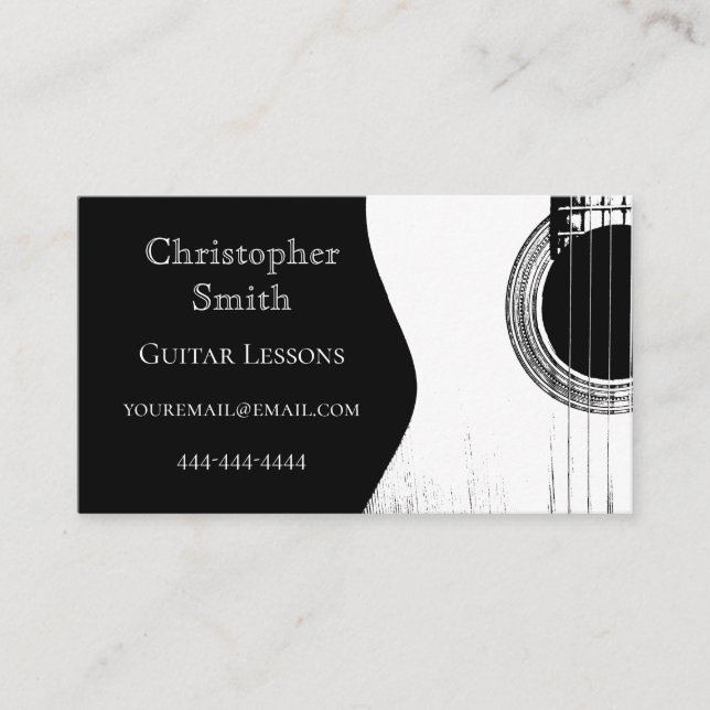Guitar Lessons Black and White Abstract Business Card (Front)