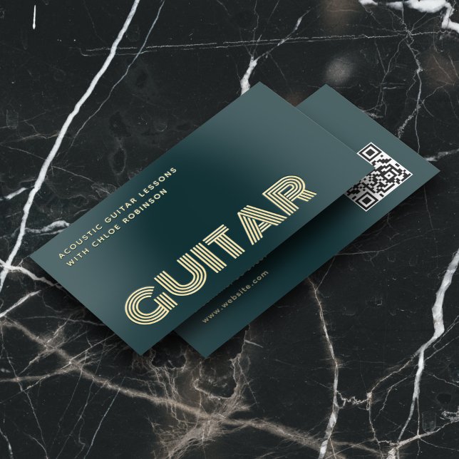 Guitar Lessons Bold Luxury Unique QR Code Teal Foil Business Cards (Creator Uploaded)