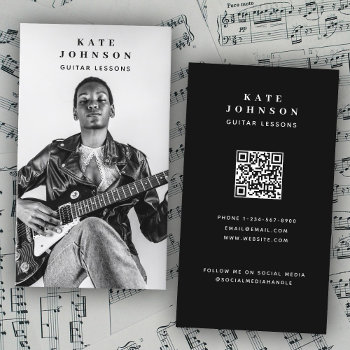Guitar Lessons Musician Photo Social Media Qr Code Business Card by idovedesign at Zazzle