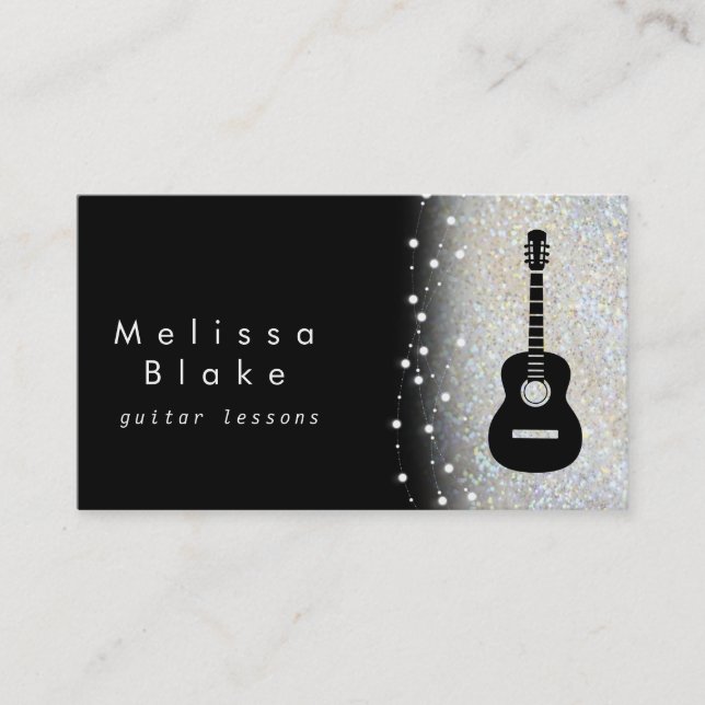 guitar lessons silver shade faux glitter business card (Front)