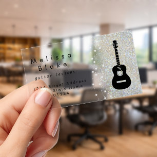 guitar lessons silver shade faux glitter clear business cards