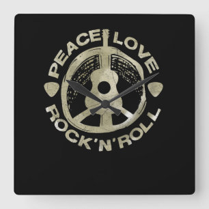 Guitar Lover Peace Love Rock'N'Roll Square Wall Clock