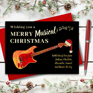 Guitar Merry Christmas black and Gold Foil Holiday Card