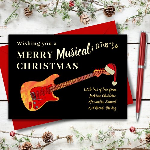 Guitar Merry Christmas black and Gold Foil Holiday Card