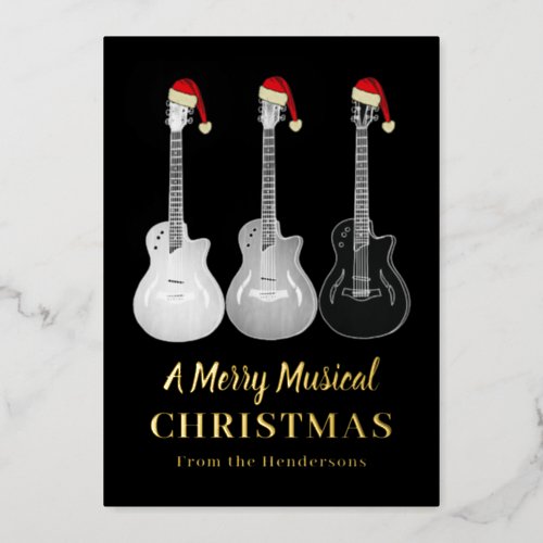 Guitar Merry Christmas Personalized Black Gold  Foil Holiday Card