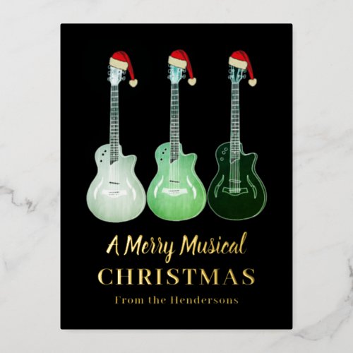 Guitar Merry Christmas Personalized Gold Foil Holiday Postcard