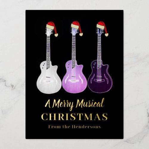 Guitar Merry Christmas Personalized Pink Gold Foil Holiday Postcard
