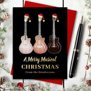 Guitar Merry Musical Christmas Black and Gold Foil Holiday Postcard