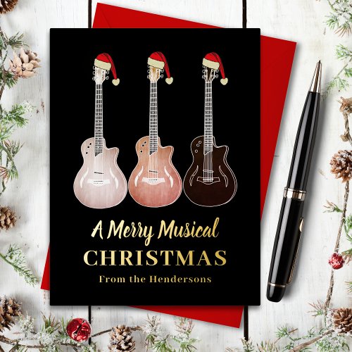 Guitar Merry Musical Christmas Black and Gold Foil Holiday Postcard