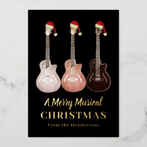 Guitar Merry Musical Christmas Personalized Gold  Foil Holiday Card