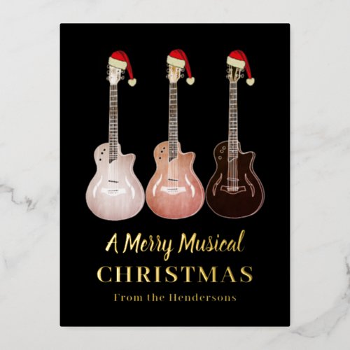 Guitar Merry Musical Christmas Personalized Gold Foil Holiday Postcard