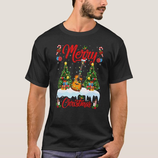 Guitar Music  Lights Xmas Tree Santa Guitar Christ T-Shirt (Front)