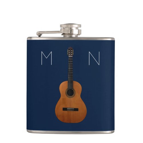 Guitar Music Monogram Blue Personalized Flask