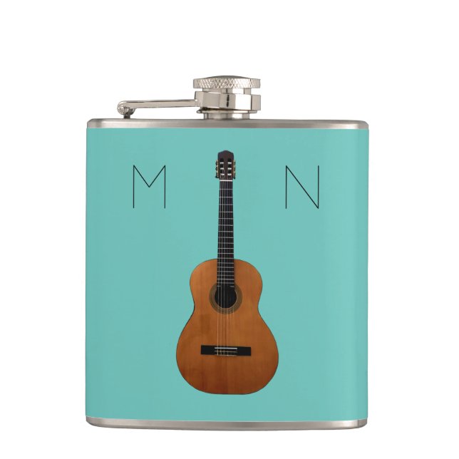 Guitar Music Monogram Trendy Teal Personalized Flask (Front)