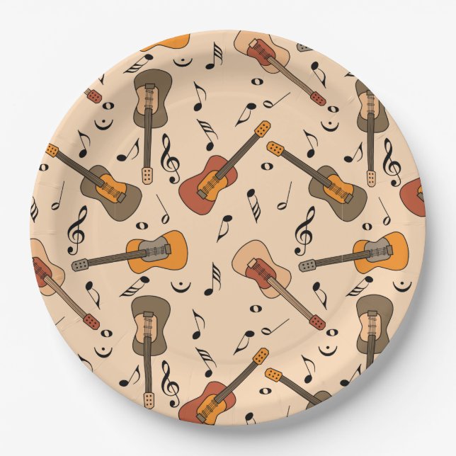 Guitar Music Notes Pattern Paper Plates (Front)