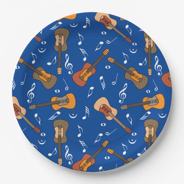Guitar Music Notes Pattern Paper Plates (Front)