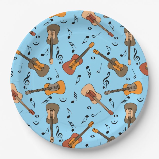 Guitar Music Notes Pattern Paper Plates (Front)