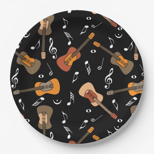 Guitar Music Notes Pattern Paper Plates (Front)