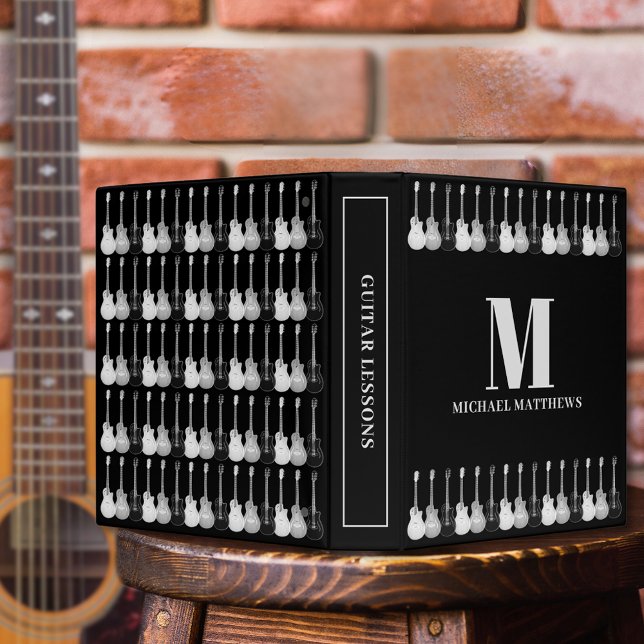 Guitar Music Personalized 3 Ring Binder (Guitar lessons black and white monogram binder)
