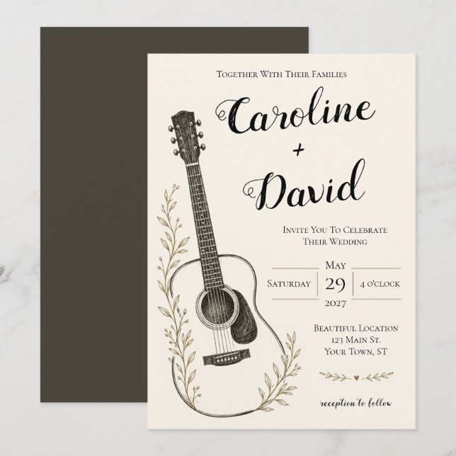 Guitar Music Rustic Elegant Wedding  Invitation (Front/Back)