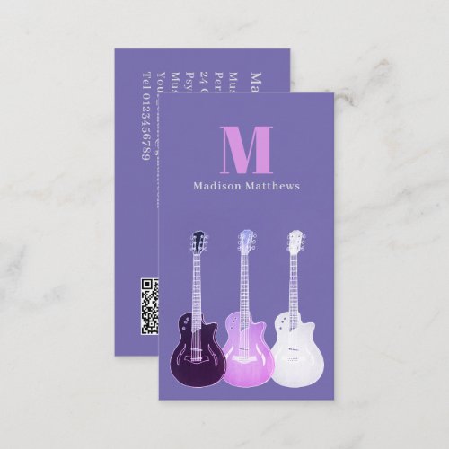 Guitar Music Teacher Custom QR Code Purple Business Card