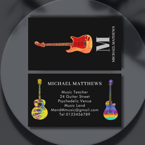 Guitar Music Teacher Monogram Business Card