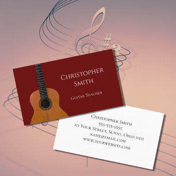 Guitar Music Teacher Musical Instrument Red  Business Card by IndiamossPaperCo at Zazzle