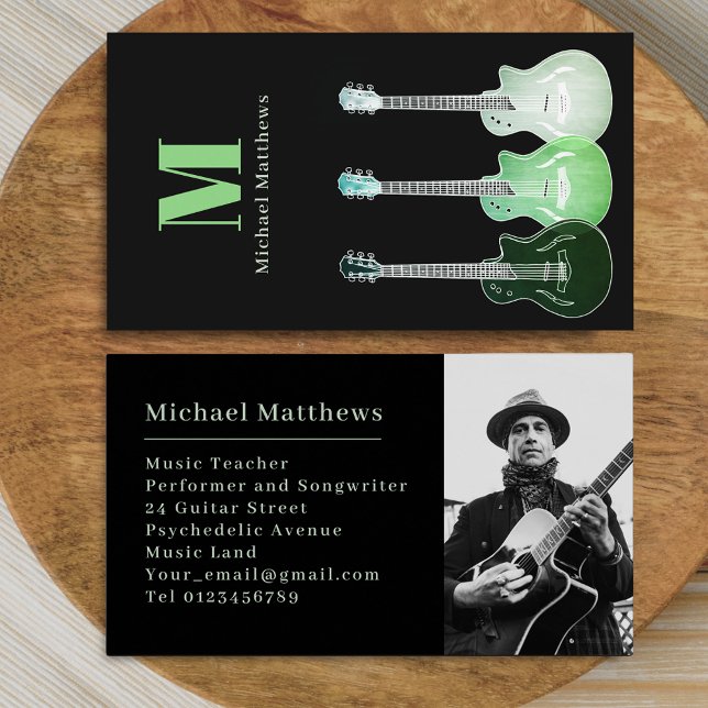 Guitar Music Teacher Musician Custom Photo Business Card (Modern guitar music teacher professional musician photo Business card Green and black guitar art)