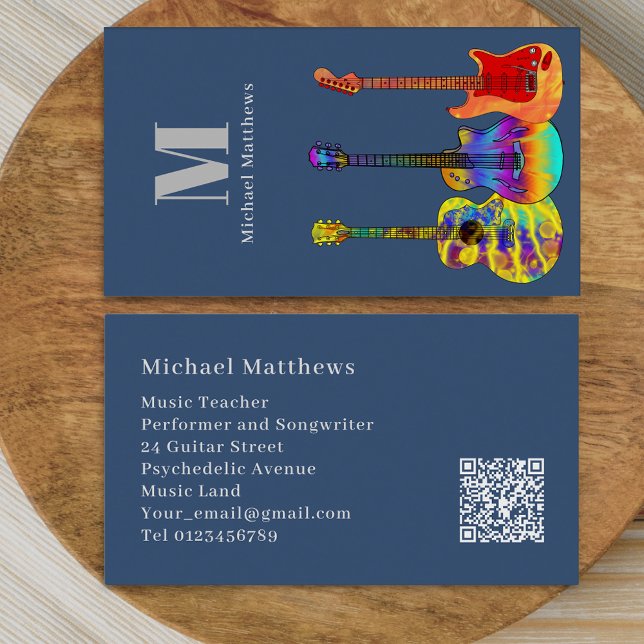 Guitar Music Teacher Musician Custom QR Code Business Card (Modern guitar music teacher professional musician qr code blue Business card)
