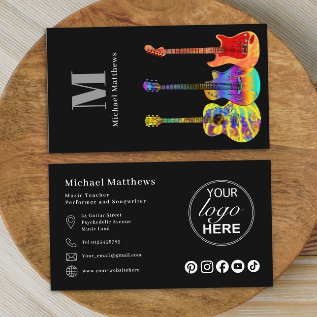 Guitar Music Teacher Musician Logo Social Media Business Card (Modern guitar music teacher professional musician logo social media Business card)