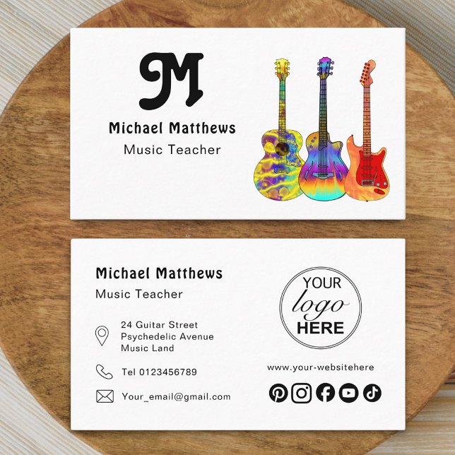 Guitar Music Teacher Musician Logo Social Media Business Card (Modern retro guitar music tutor professional musician logo social media business card)
