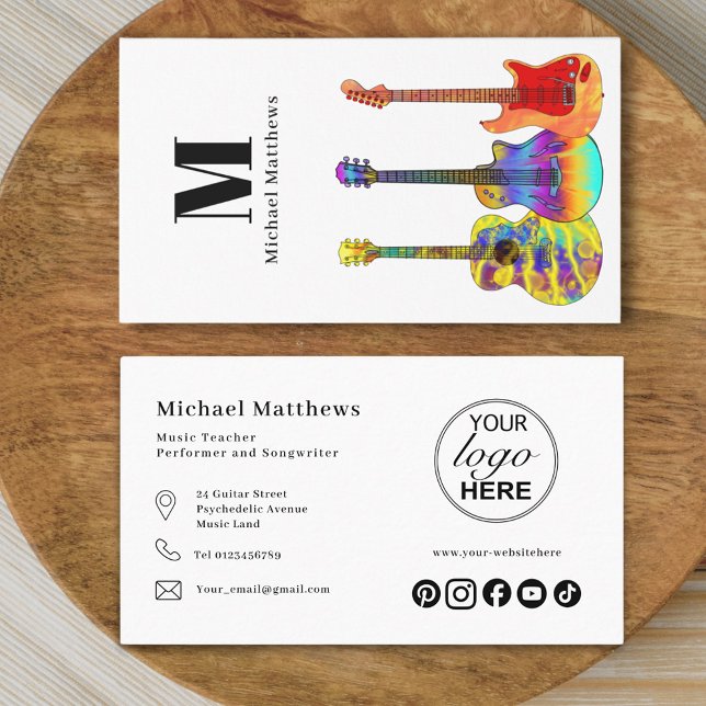 Guitar Music Teacher Musician Logo Social Media Business Card (Modern guitar music tutor professional musician logo social media Business card)