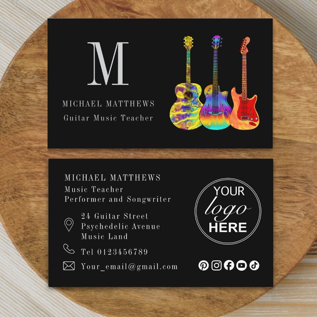 Guitar Music Teacher Musician Logo Social Media Business Card (Modern professional musician guitar music teacher logo social media Business card)