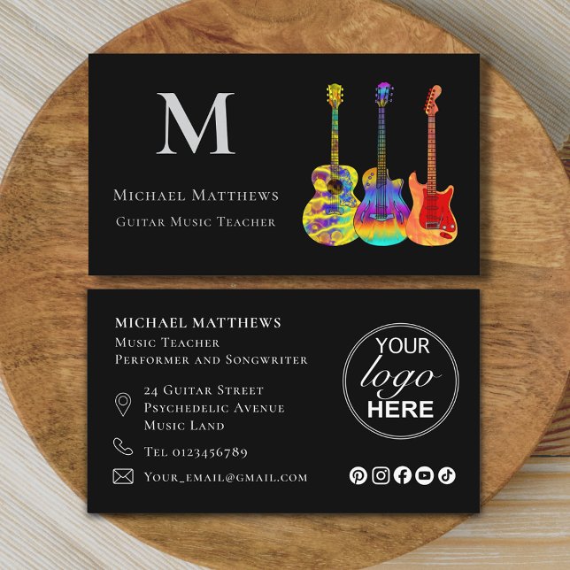 Guitar Music Teacher Musician Logo Social Media Business Card (Modern guitar music teacher professional musician logo social media Business card Colorful guitars)