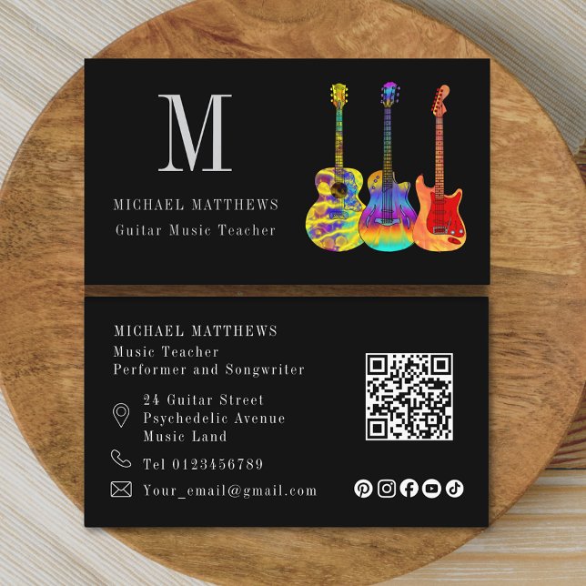 Guitar Music Teacher Musician QR Code Social Media Business Card (Modern guitar tutor custom qr code and social media icons business card)