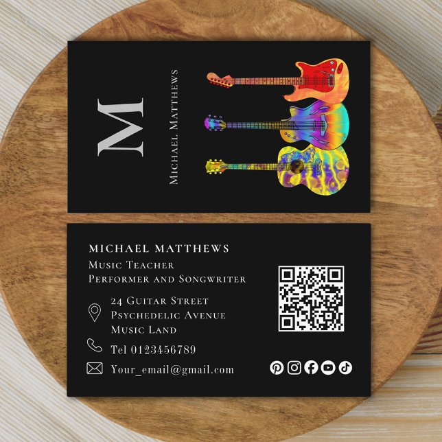 Guitar Music Teacher Musician QR Code Social Media Business Card (Stylish guitar tutor qr code and social media custom business card)