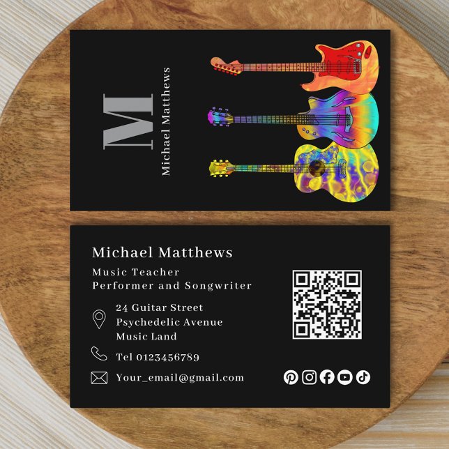 Guitar Music Teacher Musician Social Media QR Code Business Card (Guitar music teacher qr code and social media logo custom business card)