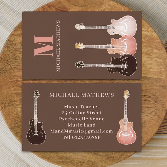 Guitar Music Teacher Professional Musician  Business Card (Rustic guitar music teacher professional musician Business card Country music semi acoustic guitars)