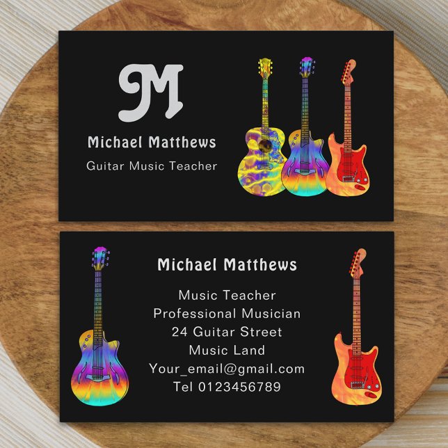 Guitar Music Teacher Professional Musician Business Card (Modern retro guitar music teacher professional musician Business card funky art guitars groovy text)