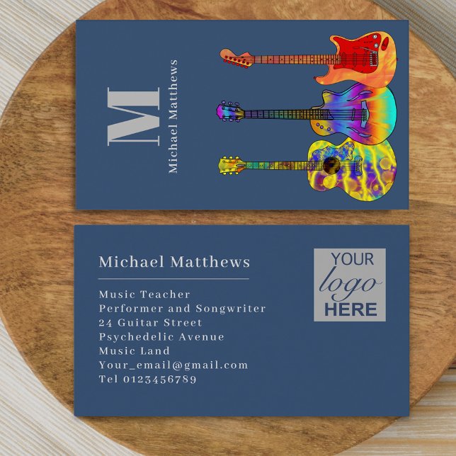 Guitar Music Teacher Professional Musician Logo Business Card (Modern guitar music tutor professional musician logo blue Business card. Colorful guitar art)