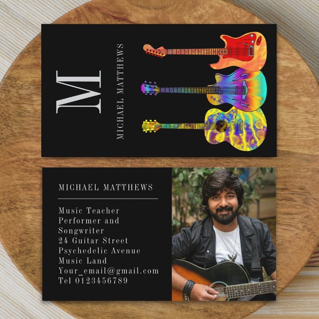 Guitar Music Teacher Professional Musician Photo Business Card (Modern guitar music teacher professional musician photo Business card Colorful guitar art)