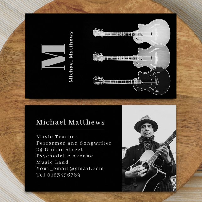 Guitar Music Teacher Professional Musician Photo Business Card (Modern simple Guitar music tutor professional musician photo Business card Black gray and white)